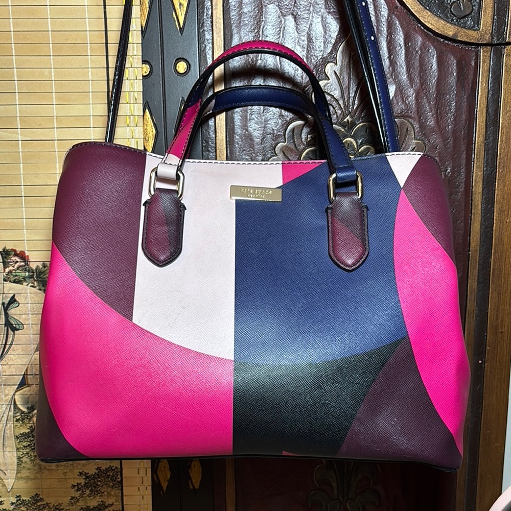 kate spade Leather Satchel Bag Pink Blue White ColorBlock 11.5”Lx9”Hx5.25”W VGUC